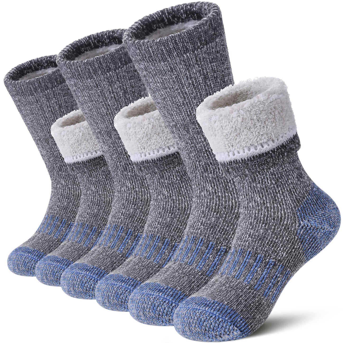 LANLEO Kids Merino Wool Hiking Socks Boys Girls Winter Thermal Warm Thick Cozy Cushion Boot Crew Socks 3 Pairs Hiking Socks Blue,8-12 Year Old