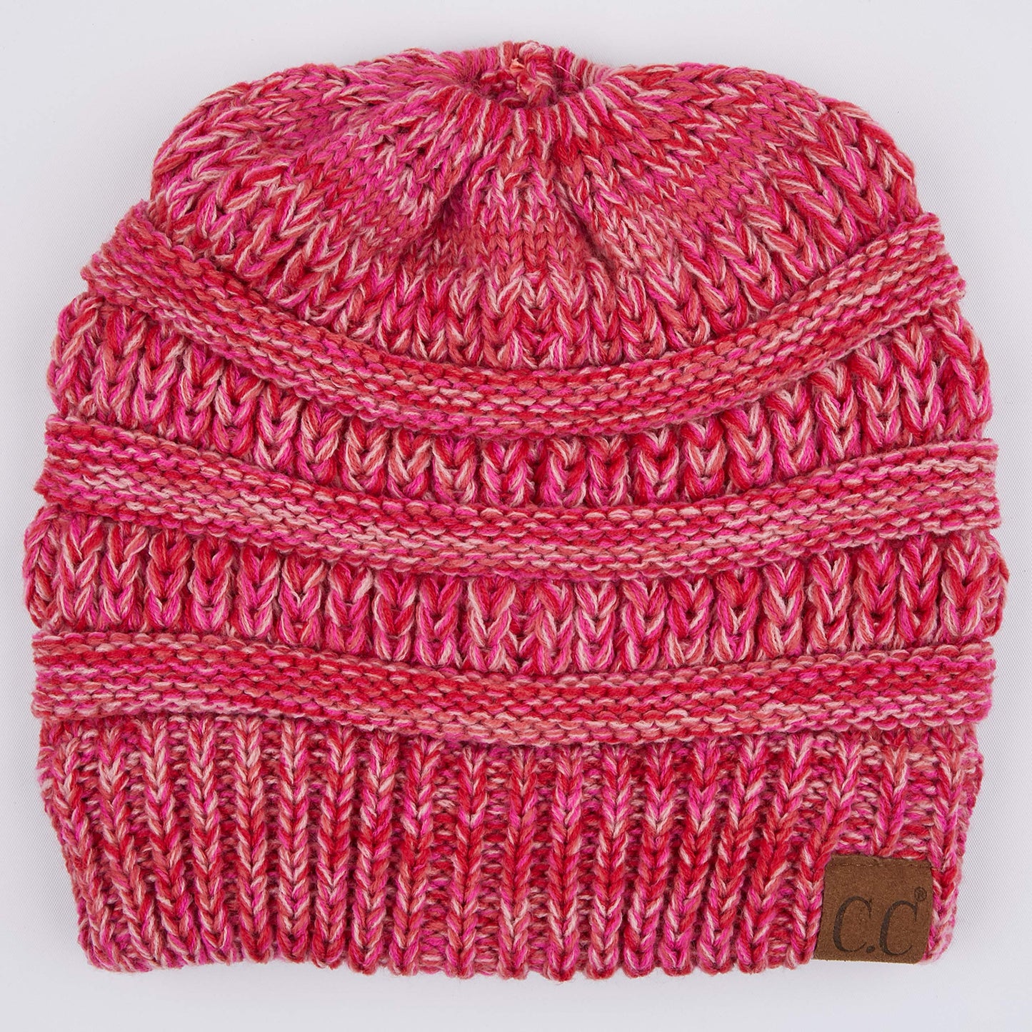 C.C Soft Stretch Cable Knit Messy Bun Ponytail Beanie Winter Hat (MB-816) (Hot Pink Multi(10))