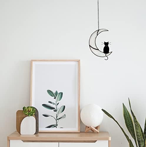 Black Cat Decor On White Moon Stained Glass Window Hanging Suncatcher for Windows Panels Sun Catcher Halloween Ornament Decoration Memorial Gift for Lover Cat Loss