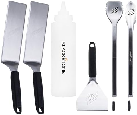 Blackstone 5464 Griddle Tool Kit Outdoor Indoor Grill BBQ Utensils Cooking Accessories-Heat Resistant– 2 Long Spatulas, 2 Angled Scraper Classic Tong, 1 (32oz) Squeeze Bottle, Black, Silver, White