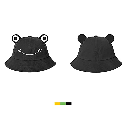 SAOROPEB Frog Hat for Adult Teens, Cute Frog Bucket Hat, Cotton Bucket Hat Funny Hat Fisherman Hat for Men Women Black