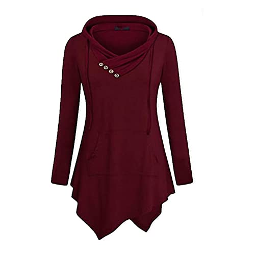 JEsilunmaMY Womens Hoodies Long Sleeve V Neck Irregular Hem Pullover Tops Solid Color Loose Patch Pocket Hooded Sweatshirt (Red2,Small)