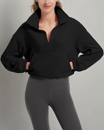 FKEEP Quarter Zip Pullover Women Cropped Sweatshirt Long Sleeve Crop Top Stand Collar Drawstring Casual Pullover Black