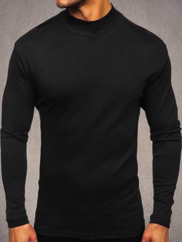 Mens Mock Turtleneck T-Shirt Long Sleeve Pullover Basic Designed Undershirt Stretch Lightweight Top Black
