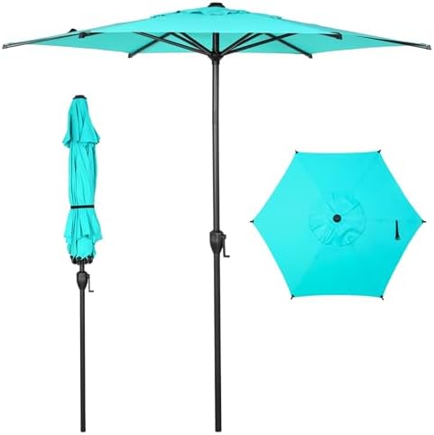 Abba Patio 7.5FT Lyon Outdoor Patio Umbrella Outdoor Table Umbrella with Push Button Tilt and Crank Market Umbrella 6 Sturdy Ribs UV Protection Waterproof for Garden Deck Backyard Pool Light Blue
