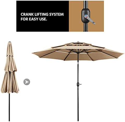 Yaheetech 3-Tier Patio Umbrella 10ft Vented Outdoor Canopy Sun Shade Large Market Table Umbrella Double-layer Cloth & Push-button Tilting for Yard/Garden/Park Tan