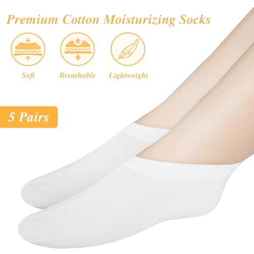 5 Pairs Foot Moisturizer Socks, Moisturizing Socks Overnight, Cotton Spa Socks for Cracked Heel Repair, Gel Spa Moisturizing Socks for Women and Men, White