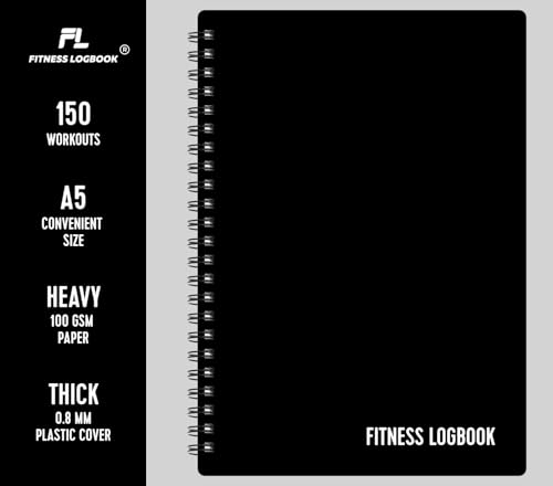 Fitness Logbook (Black) - A5 Undated Workout Journal For Men & Women - Plastic Cover & Thick Paper - Planner Log Book To Track Weight Loss, Muscle Gain, Gym Exercise, Bodybuilding Progress
