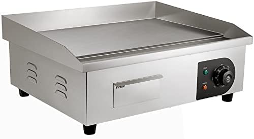 VEVOR Commercial Electric Griddle, 22", 1600W Countertop Flat Top Griddle, Stainless Steel Teppanyaki Grill w/Iron Cooking Plate, 122-572℉ Adjustable Temp Control 2 Shovels & Brushes, 110V
