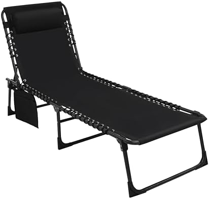 Foldable Chaise Lounge Chair with Detachable Pillow & Pocket, Outdoor Portable Tanning Chair with 4 Position Adjustable Back, Patio, Beach and Pool, Black