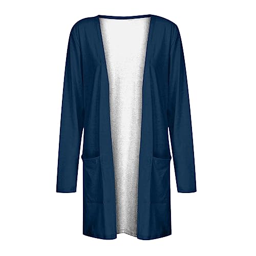 Lightweight Cardigan for Women 2024 Fall Casual Solid Long Sleeve Open Front Cardigans Outwear with Pockets Navy Blue