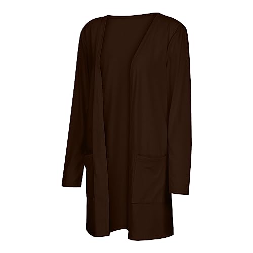 Lightweight Cardigan for Women 2024 Fall Casual Solid Long Sleeve Open Front Cardigans Outwear with Pockets Dark Brown