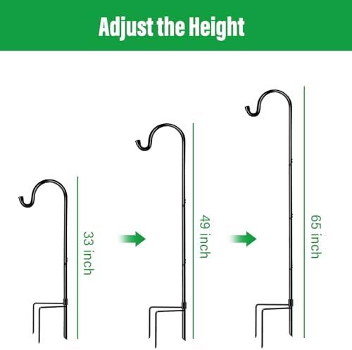 GOFORWILD Shepherd’s Hooks 2 Pack Black, 65 inches Tall, Adjustable Garden Hook for Outdoor, Hanging Plant, Solar Lights, Lanterns, Bird Feeders, Garden Stake and Wedding Decor, 7015