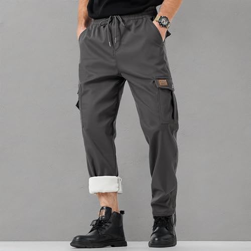 HHZ Men's Winter Fleece Lined Cargo Pant - Drawstring Joggers with Pockets Tactical Pants Pants(Y6005-W-Grey,38)