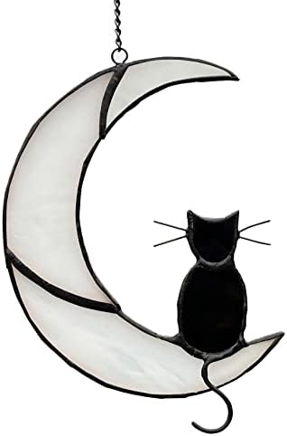 Black Cat Decor On White Moon Stained Glass Window Hanging Suncatcher for Windows Panels Sun Catcher Halloween Ornament Decoration Memorial Gift for Lover Cat Loss