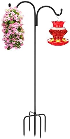 Gtongoko Double Shepherds Hook for Outdoor, 76 Inch Bird Feeder Pole with 5 Prongs Base, 5/8 Inch Thick Heavy Duty Adjustable Garden Hook for Hanging Plant, Lantern, Hummingbird Feeder, 1 Pack