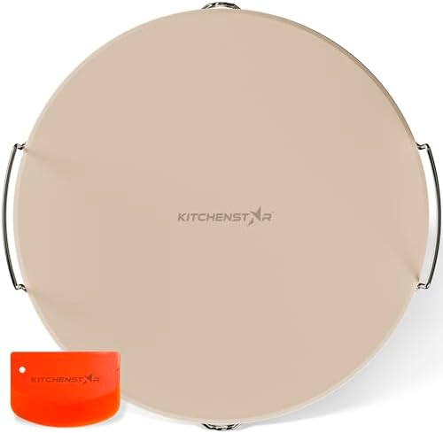 KitchenStar 16-inch Pizza Stone for Oven and BBQ Grill with Handles, Round, 5/8" Thick - Natural Cordierite, 1800 °F Resistant, Baking Stone Set with Stainless Steel Rack & Plastic Scraper Tool
