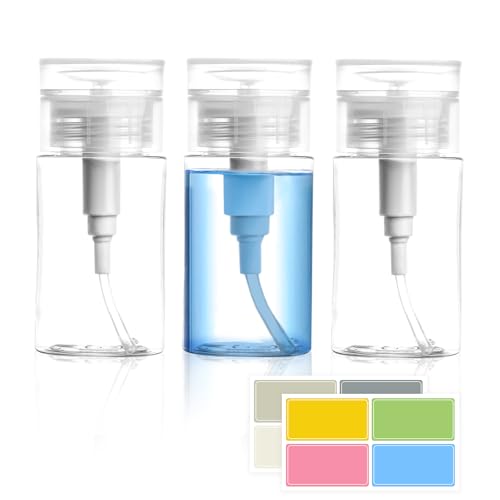 3 Pack Push Down Pump Dispenser,Clear Push Top Empty Bottles with DIY Stickers for Alcohol,Nail Polish,Makeup Remover,Toner (80ml)