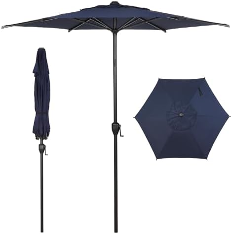 Abba Patio 7.5FT Lyon Outdoor Patio Umbrella Outdoor Table Umbrella with Push Button Tilt and Crank Market Umbrella 6 Sturdy Ribs UV Protection Waterproof for Garden Deck Backyard Pool Dark Blue.