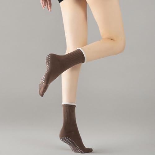 Yoga Pilates Socks with Grips for Women Non Slip Colorful Cushioned Crew Socks for Barre Ballet Dance (Dark Coffee)