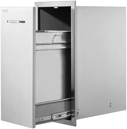 VEVOR Pull Out Trash Drawer 13.4"W x 25.7"H x 19.6"D Lower Sliding Rails Stainless Steel Roll Out Trash Bin Pull Out Tray Outdoor Kitchen Trash Drawer with Handle for BBQ Island Grill Station