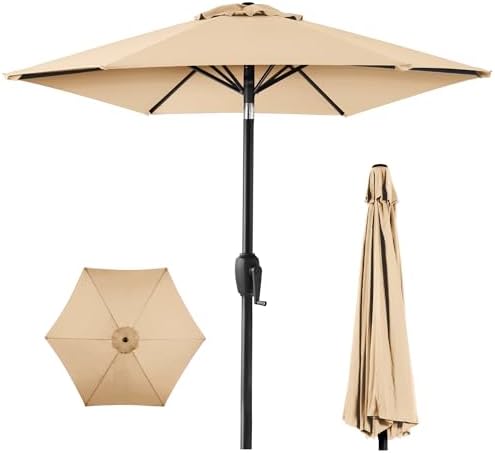 Best Choice Products 7.5ft Heavy-Duty Round Outdoor Market Table Patio Umbrella w/Steel Pole, Push Button Tilt, Easy Crank Lift - Sand