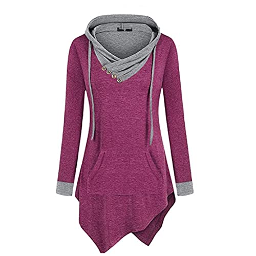 JEsilunmaMY Womens Hoodies Long Sleeve V Neck Irregular Hem Pullover Tops Solid Color Loose Patch Pocket Hooded Sweatshirt (Red4,Small)