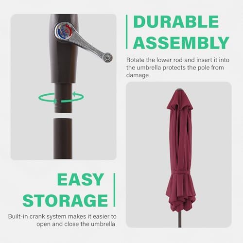 JEAREY 7.5FT Patio Umbrella Market Table Umbrella with 6 Sturdy Ribs, Push Button Tilt/Crank Outdoor Umbrella for Garden, Deck, Backyard, Pool and Beach,Burgundy