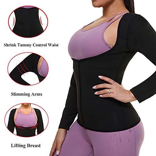 Sauna Suit for Women Sweat Body Shaper Jacket Hot Waist Trainer Long Sleeve Zipper Shirt Workout Top (Black, Small)