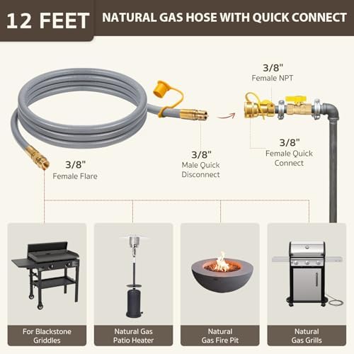 GASPRO 12 Feet 3/8" ID Natural Gas Hose, Low Pressure LPG Hose with Quick Connect, for Weber, Char-broil, Pizza Oven, Patio Heater and More