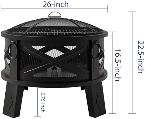 Fire Beauty 26"Steel Fire Pit with Grill Grate&Spark Screen,360° Airflow Boost Technology,Less Smoke,Larger Flames,Heavy-Duty Portable Camping Fire Pit for Backyard,Beach,RV (22lbs,4 Handles,Dual-Use)