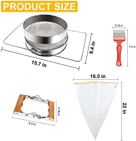 MayBee Double Sieve Honey Harvesting Kit for Beekeepers, Beekeeping Starter Kit Set of 5, Double Sieve Honey Strainer Stainless Steel, Frame Grip, Uncapping Fork, Honey Gate, Honey Filter Bag