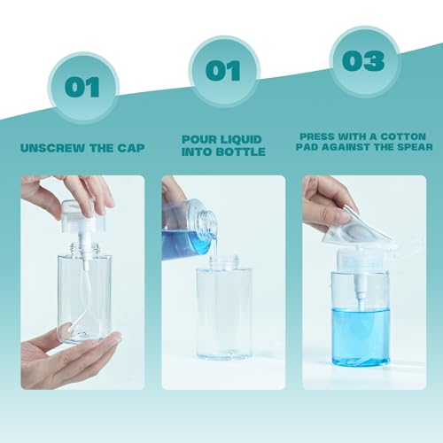 3 Pack Push Down Pump Dispenser,Clear Push Top Empty Bottles with DIY Stickers for Alcohol,Nail Polish,Makeup Remover,Toner (80ml)