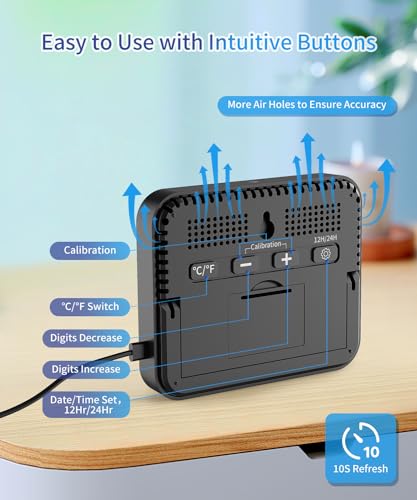 VOCOO Digital Indoor Room Thermometer - 5.8'' Extra Large Display Temperature Humidity Sensor with Accurate Temp Humidity Gauge Monitor, Calibration, Max & Min Records, Comfort, Backlit, Date & Clock