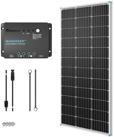 Renogy 100W 12V Solar Panel Starter Kit, 100 Watt Monocrystalline Solar Panel, 30A LCD PWM Charger Controller, Adaptor Kit, Tray Cables, Z Brackets for RV, Camper, and Other Off Grid Applications