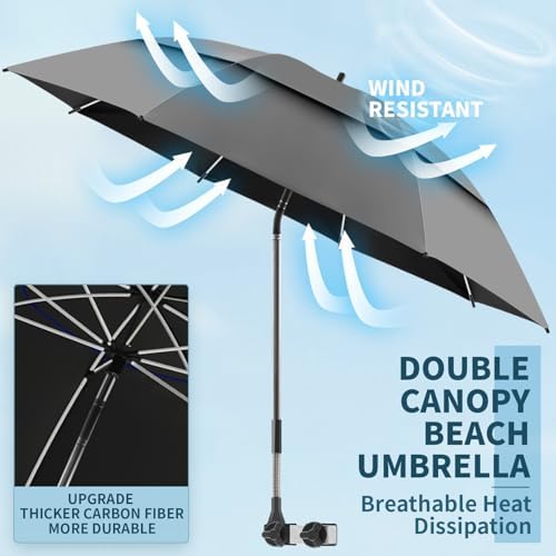 2 Pack 48.6" Double Canopy Umbrella with Clamp, UPF50+ Beach Chair Umbrella with clip, 360°Adjustable Portable Outdoor Wheelchair, Patio, Golf Carts,Camping(Not Include Chair)