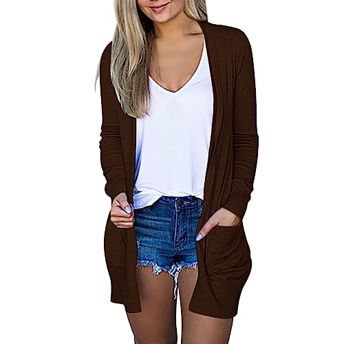 Lightweight Cardigan for Women 2024 Fall Casual Solid Long Sleeve Open Front Cardigans Outwear with Pockets Dark Brown