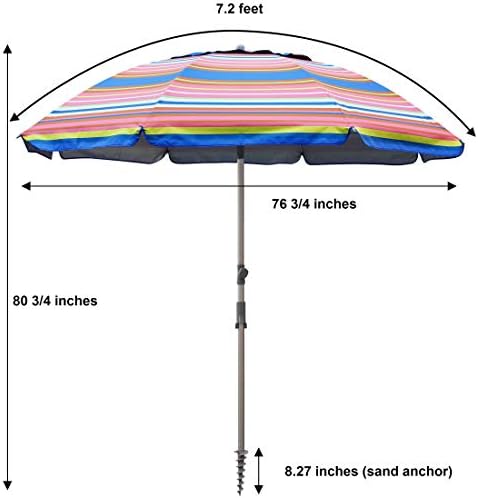 Blissun 7.2' Beach Umbrella with Sand Anchor, Outdoor Portable Beach Umbrella for Sand with Tilt Pole, Carry Bag, Air Vent