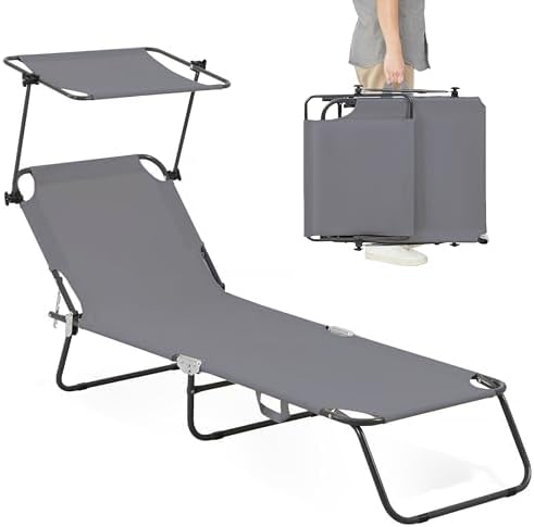 Folding Outdoor Lounge Chair with Canopy - Portable & Adjustable Beach Lounge Chair - 5-Positions, Carry Handles, 600D Fabric, 265 lbs Capacity – Tanning Chaise Lounge for Beach, Patio, Lawn