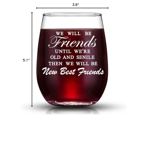 JERIO We Will Be Friends Until We Are Old And Senile, Friend Gifts 30th 40th 50th 60th Birthday Gifts for Women, BFF, Roommate, Her,15 oz Stemless Wine Glass