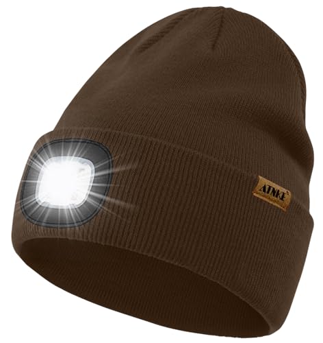 ATNKE LED Lighted Beanie Cap,USB Rechargeable 4 LED Running Headlamp Bright Hat with Light Tech Gifts for Men and Women/#Coffee