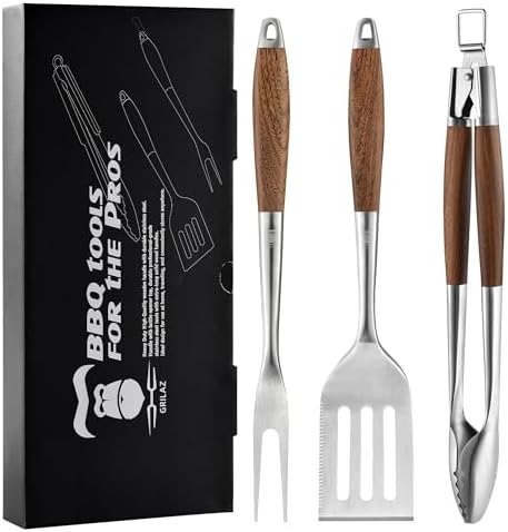 Heavy-Duty Dikela Wooden BBQ Grilling Tools Set. Extra Thick Stainless Steel Multi-Function Spatula, Fork & Tongs | Essential Accessories for Barbecue & Grill. Ideal Gift for Father