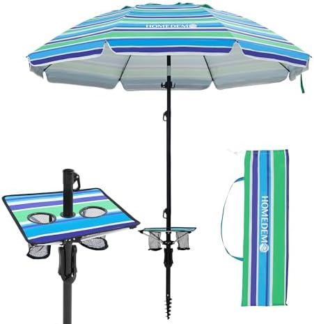 HOMEDEMO 7ft Beach Umbrellas For Sand Heavy Duty Wind, Portable Beach Umbrella UPF 50+ Windproof Outdoor Beach Umbrella with Sand Anchor, Tilt Pole, Carry Bag, Table Tray, Vent and Hook