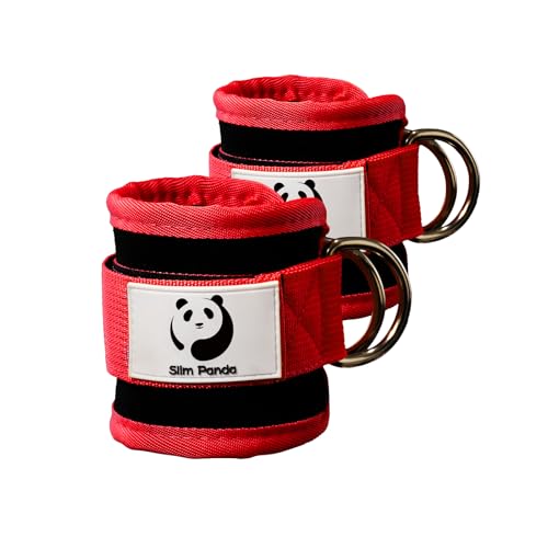 Slim Panda Ankle Strap for Cable Machine,Ankle Cuff for Kickbacks, Booty Hip Abductors,Glute Workouts, Leg Extensions, Curls for Men and Women, Adjustable with Double D-Rings (Pair, Red)