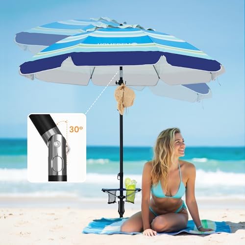 HOMEDEMO Heavy Duty High Wind Beach Umbrella with Sand Anchor,Built-in Table Tray & Tilt Pole&Hook& Curtain, UPF 50+ Windproof Portable Beach Umbrella for Patio Garden Pool Backyard