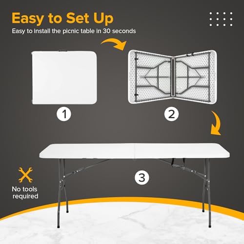 Folding Table 6FT Portable Heavy Duty Plastic Camping Table Foldable Tables Plastic Dining Tables Indoor Outdoor for Camping, Picnic and Party, White
