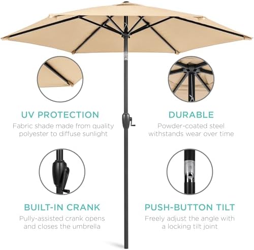 Best Choice Products 7.5ft Heavy-Duty Round Outdoor Market Table Patio Umbrella w/Steel Pole, Push Button Tilt, Easy Crank Lift - Sand