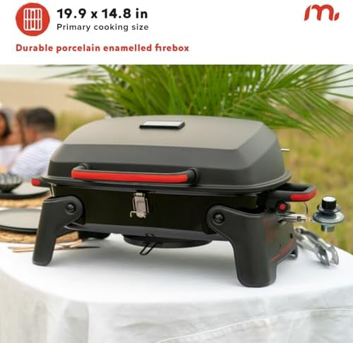 820-0065C 1 Burner Portable Gas Grill for Camping, Outdoor Cooking , Outdoor Kitchen, Patio, Garden, Barbecue with Two Foldable legs, Red + Black