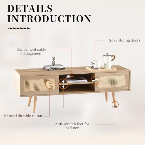 Rattan TV Stand for Bedroom, Entertainment Center for 55 Inch TV, Modern TV Stands with Storage, Small TV Media Table, TV Console Cabinet for Living Room, Farmhouse, Oak, Wood
