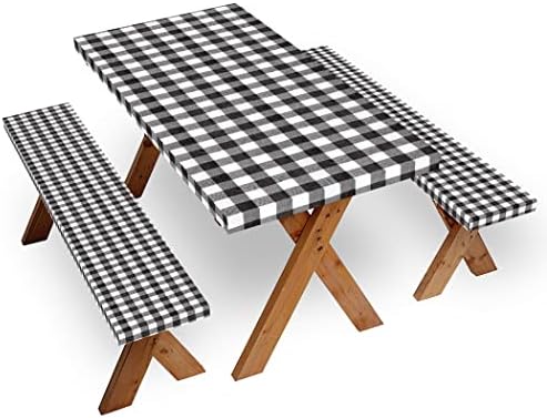 Picnic Table Covers with Bench Covers Set Elastic Fitted Tablecloth 6 FT for Outdoor Camping 3 piece (Black and White )